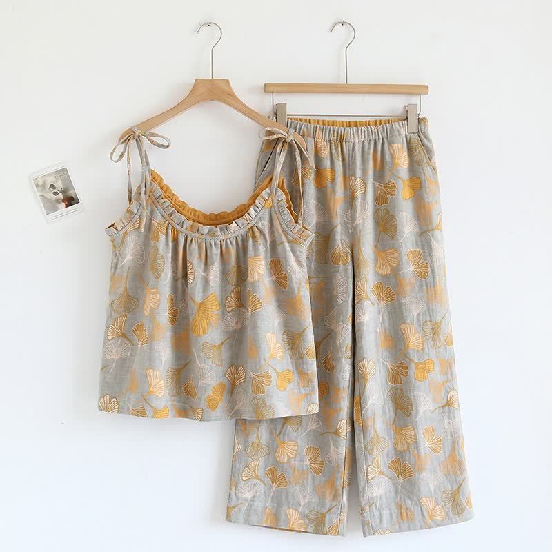 Ownkoti Ginkgo Leaf Cami Top & Pants Pajama Set - Light Gray & Yellow - XL - image 29