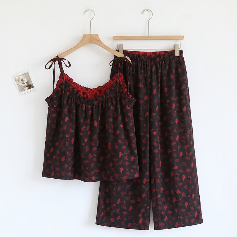 Ownkoti Ginkgo Biloba Leaf Cami Pajama Set - Black & Red - XL - image 13