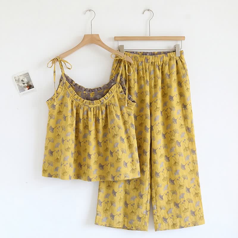 Ownkoti Ginkgo Biloba Leaf Cami Pajama Set - Yellow & Gray - XL - image 7