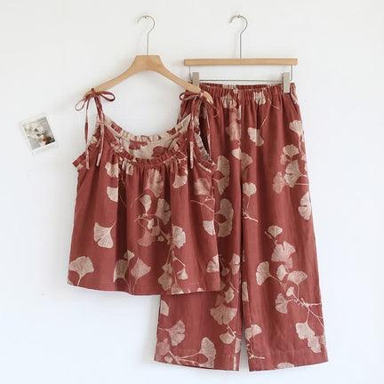 Ownkoti Elegant Ginkgo Cami Cotton Pajama Set - Red & Nude - XL - image 0