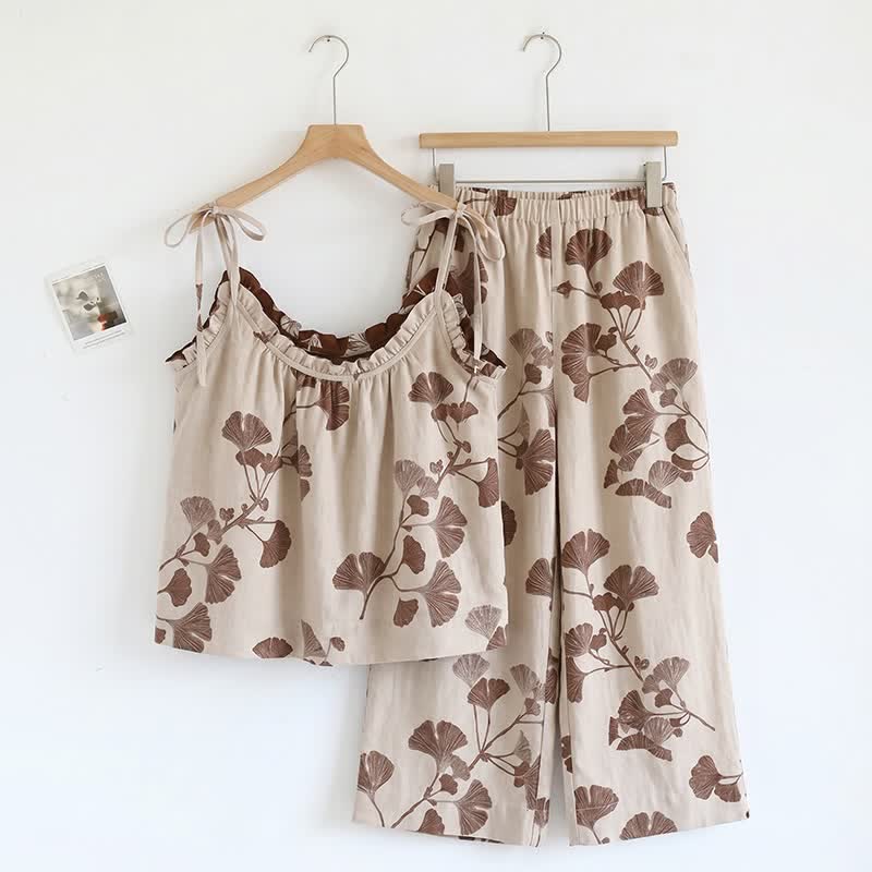 Ownkoti Elegant Ginkgo Cami Cotton Pajama Set - Beige & Coffee - XL - image 6