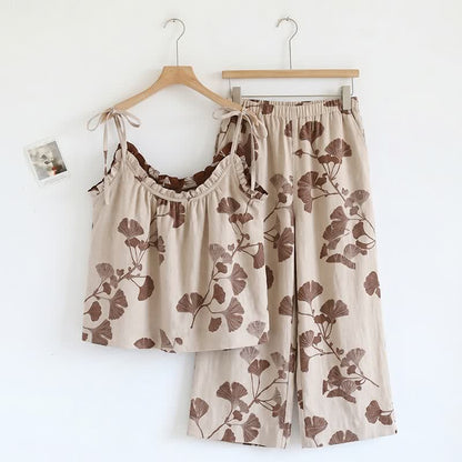 Ownkoti Elegant Ginkgo Cami Cotton Pajama Set - Beige & Coffee - XL - image 6