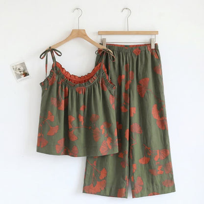 Ownkoti Elegant Ginkgo Cami Cotton Pajama Set - Green & Bright Orange - XL - image 16