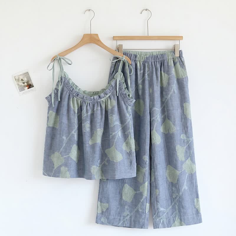 Ownkoti Ginkgo Leaf Cami Ruffled Pajama Set - Blue & Light Green - XL - image 0