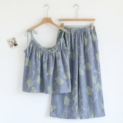 Ownkoti Ginkgo Leaf Cami Ruffled Pajama Set - Blue & Light Green - XL - image 0