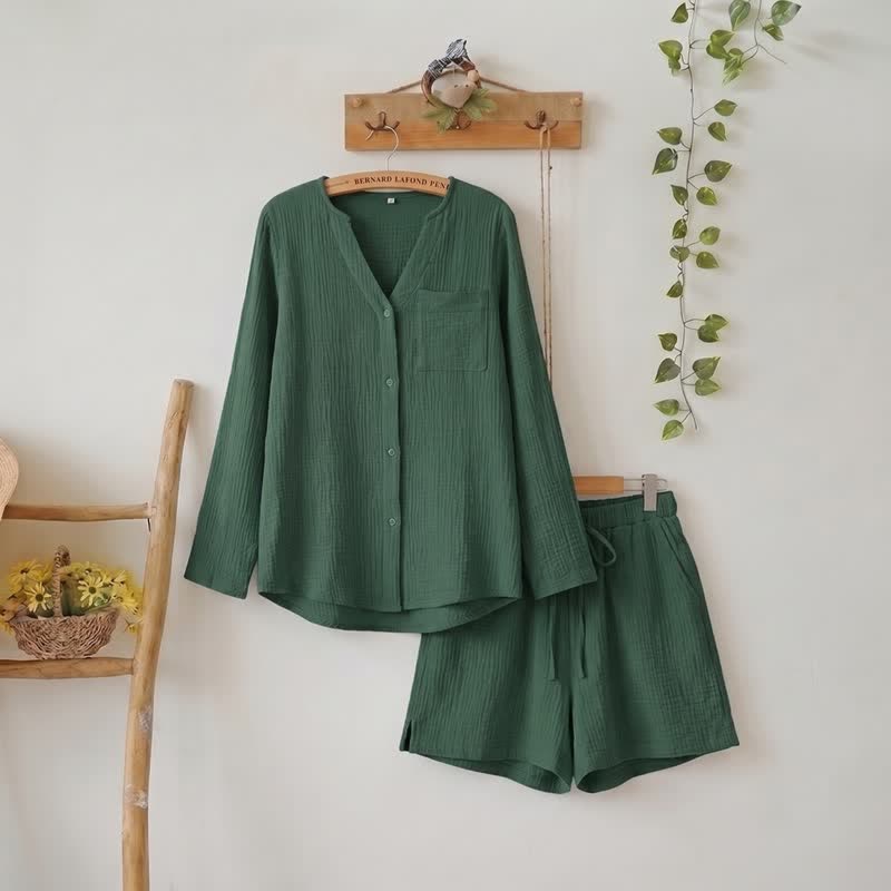 Ownkoti Long Sleeve Top & Shorts Pajama Set - Green - L - image 15
