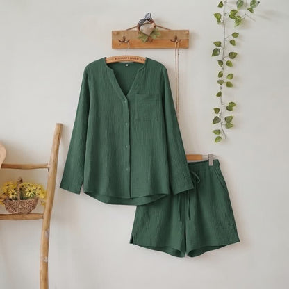 Ownkoti Long Sleeve Top & Shorts Pajama Set - Green - L - image 15