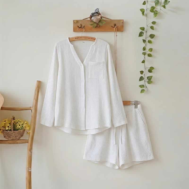 Ownkoti Long Sleeve Top & Shorts Pajama Set - White - L - image 2