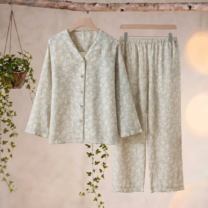 Ownkoti Soft Floral Cotton Button Front Pajamas - Green - XL - image 0