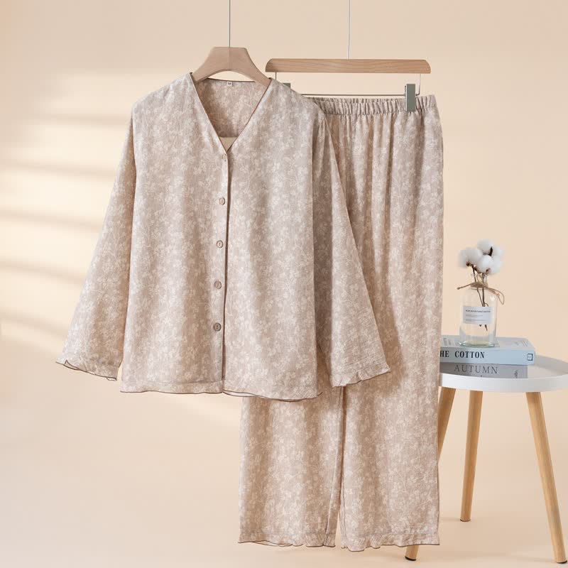 Ownkoti Soft Floral Cotton Button Front Pajamas - Coffee - XL - image 13