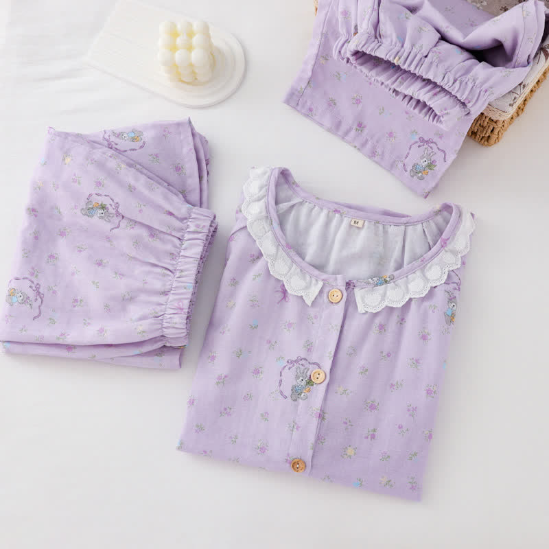 Ownkoti Purple Bunny & Floral Cotton Loungewear Set(3PCS) - image 1