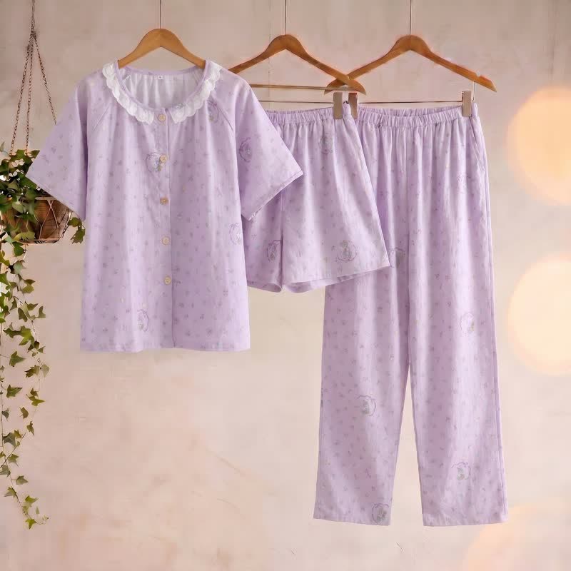 Ownkoti Purple Bunny & Floral Cotton Loungewear Set(3PCS) - Purple - XL - image 0