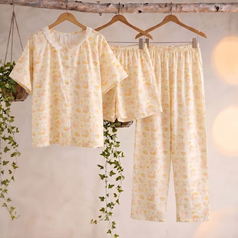 Ownkoti Apricot Floral Cotton Ruffle Loungewear Set(3PCS) - Apricot - XL - image 0