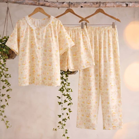 Ownkoti Apricot Floral Cotton Ruffle Loungewear Set(3PCS) - Apricot - XL - image 0