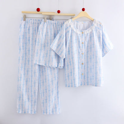 Ownkoti Blue Bow Print Cotton Ruffle Pajamas(3PCS) - image 1