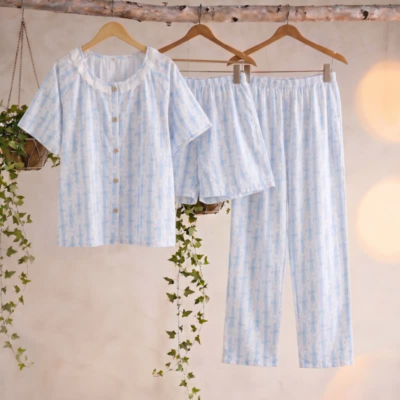 Ownkoti Blue Bow Print Cotton Ruffle Pajamas(3PCS) - Blue - XL - image 0