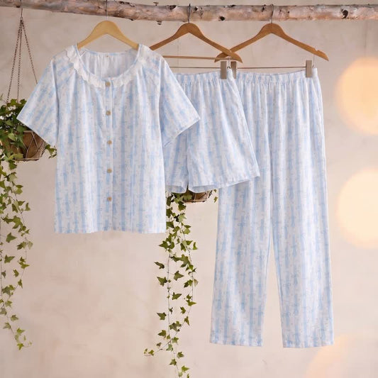 Ownkoti Blue Bow Print Cotton Ruffle Pajamas(3PCS) - Blue - XL - image 0