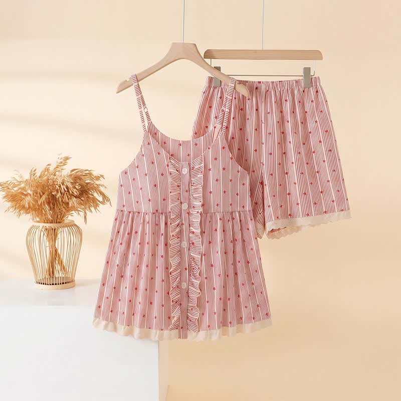 Ownkoti Stripe & Star Ruffle Cami Lounge Set - Red - 2XL - image 0