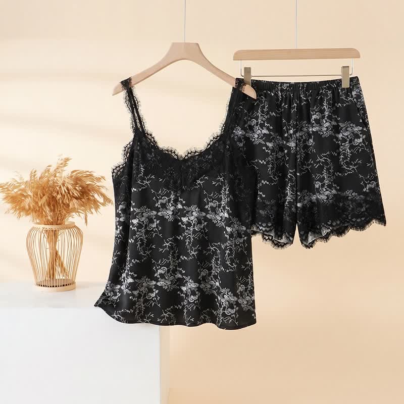 Ownkoti Black Floral Lace Cami Lounge Set - Black - 3XL - image 0