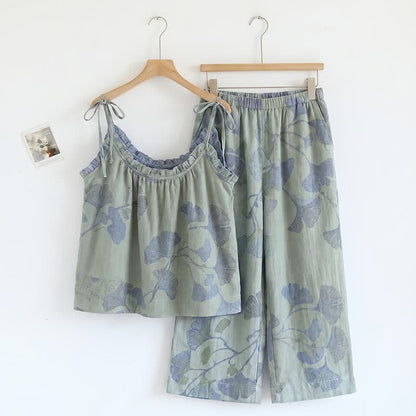 Ownkoti Ginkgo Leaf Cami Ruffled Pajama Set - Light Green & Blue - XL - image 4