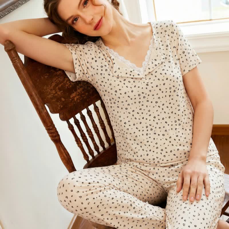 Ownkoti Soft Leopard Print Lace Trim Pajamas - Apricot - XL - image 4