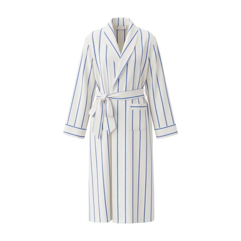 Ownkoti Blue Striped Cotton Long Bathrobe with Belt & Pockets - image 1