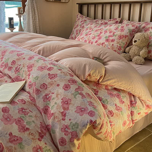Ownkoti Cottagecore Pink Floral Cotton Gauze Bedding(4PCS) - Fitted Sheet Style - Queen - image 0