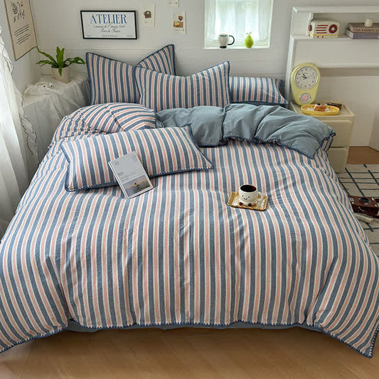 Ownkoti Vintage Striped Scalloped Trim Bedding Set - Grey & Blue - King - Fitted Sheet - image 0
