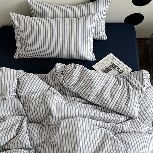 Ownkoti Washed Cotton French Blue Stripe Bedding Set - Blue - King - Fitted Sheet - image 0