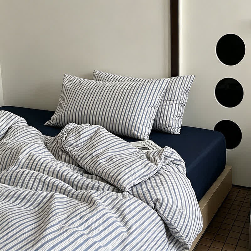 Ownkoti Washed Cotton French Blue Stripe Bedding Set - image 2