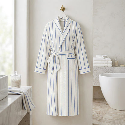 Ownkoti Blue Striped Cotton Long Bathrobe with Belt & Pockets - Blue - One Size - image 0