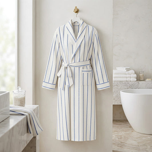 Ownkoti Blue Striped Cotton Long Bathrobe with Belt & Pockets - Blue - One Size - image 0