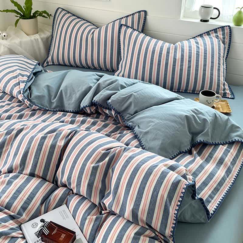 Ownkoti Vintage Striped Scalloped Trim Bedding Set - Grey & Blue - King - Fitted Sheet - image 0