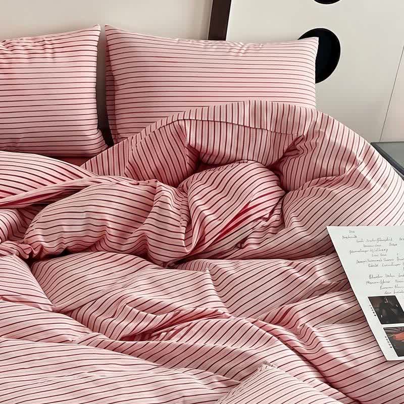 Ownkoti Washed Cotton French Blue Stripe Bedding Set - Red - King - Fitted Sheet - image 3
