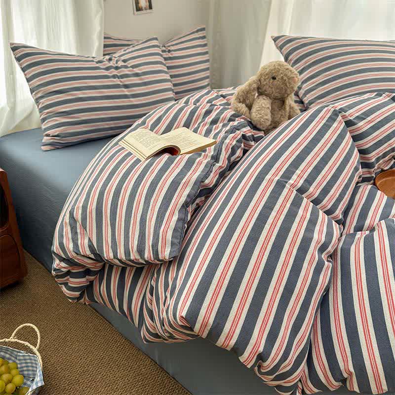 Ownkoti Minimalist Stripe Double Gauze Soft Bedding Set - Red & Blue - King - Duvet Cover - image 0