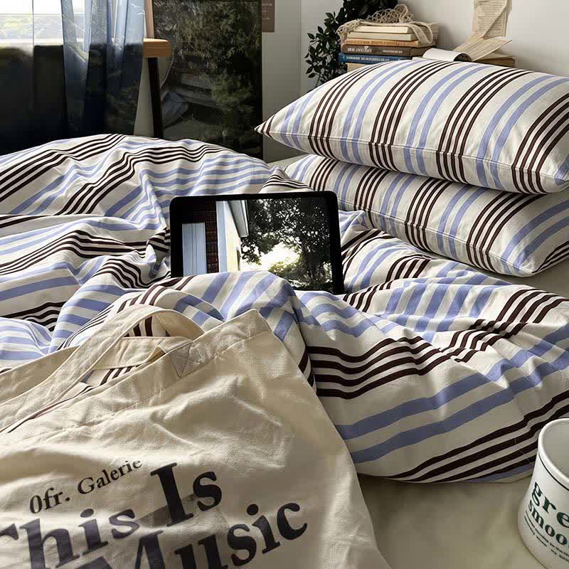 Ownkoti Retro Blue Brown Striped Cotton Bedding Set - image 2