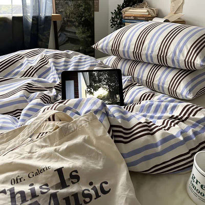 Ownkoti Retro Blue Brown Striped Cotton Bedding Set - image 2