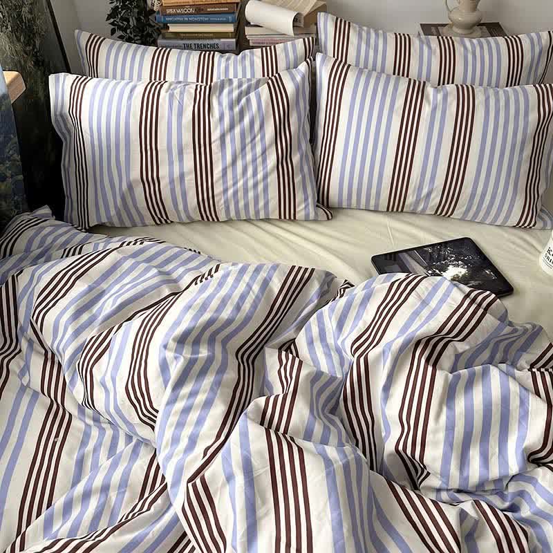 Ownkoti Retro Blue Brown Striped Cotton Bedding Set - Blue & Mocha - King - Fitted Sheet - image 0