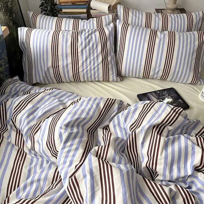 Ownkoti Retro Blue Brown Striped Cotton Bedding Set - Blue & Mocha - King - Fitted Sheet - image 0