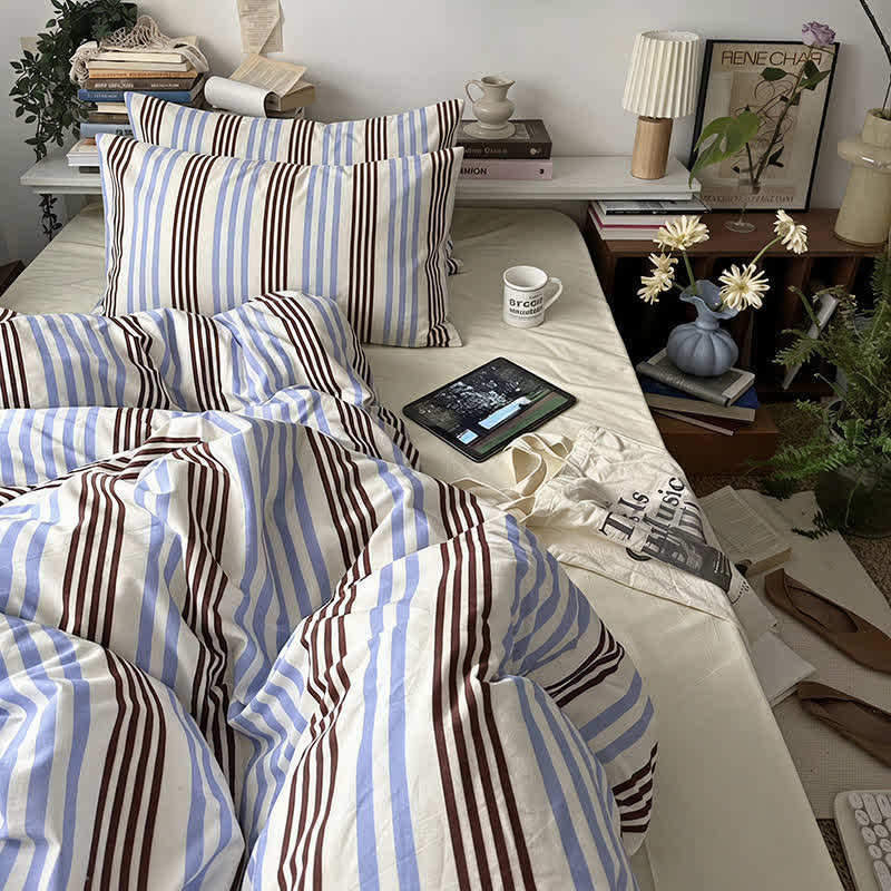 Ownkoti Retro Blue Brown Striped Cotton Bedding Set - image 1