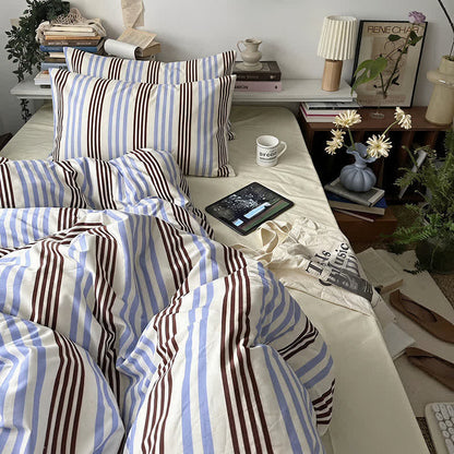 Ownkoti Retro Blue Brown Striped Cotton Bedding Set - image 1