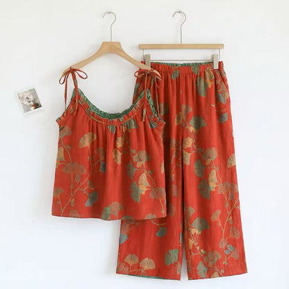 Ownkoti Ginkgo Leaf Cami Ruffled Pajama Set - Orange & Green - XL - image 11