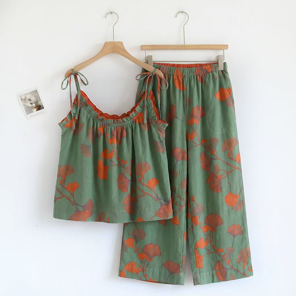 Ownkoti Ginkgo Leaf Cami Ruffled Pajama Set - Green & Orange - XL - image 8