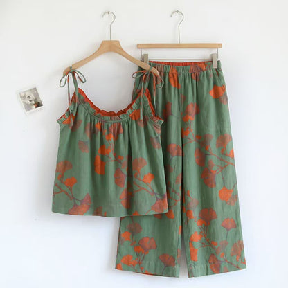 Ownkoti Ginkgo Leaf Cami Ruffled Pajama Set - Green & Orange - XL - image 8