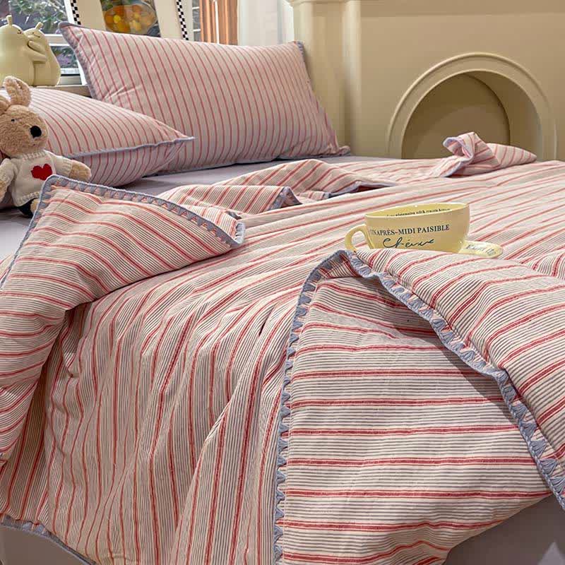 Ownkoti Modern Soft Striped Knit Cotton Bedding Set - Red - Queen - Bedding Set(4PCS) - image 0