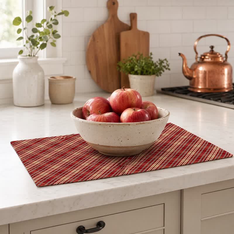 Ownkoti Red Woven Plaid Fabric Table Placemat - image 4