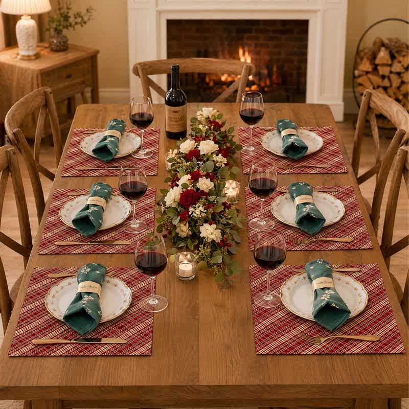 Ownkoti Red Woven Plaid Fabric Table Placemat - image 3
