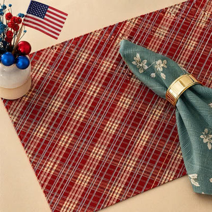 Ownkoti Red Woven Plaid Fabric Table Placemat - Red & Blue - 12″ × 18″ - 2 PCS - image 0
