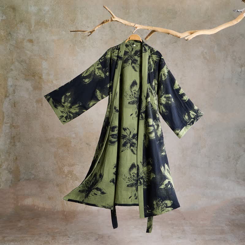 Ownkoti Watercolor Floral Organic Cotton Kimono Robe - Dark Green - 2XL - image 14