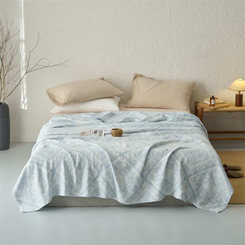 Ownkoti Retro Plaid Flower 3-Layer Muslin Throw Quilt - Light Blue - Queen - image 4